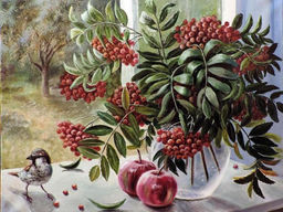 Вышивка крестиком 40х50см, Рябина и воробей