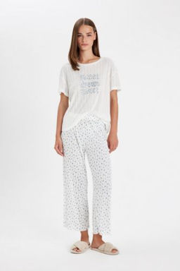 Fall in Love Pijama Tak?m? Regular Fit Bask?l? K?sa Kollu Ust Uzun Alt