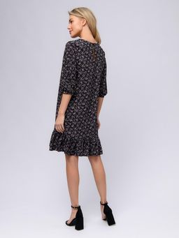 Платье черное с принтом длины мини с воланом по подолу - 1001dress фото 3