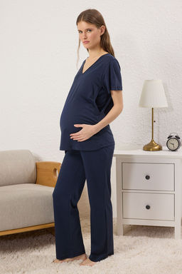 Lacivert Emzirmeye Uygun %100 Pamuk 3lu Set Orme Pijama Tak?m? TBBSS25AI00069