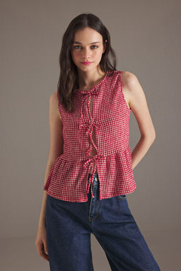 K?rm?z? Potikare Desenli Baglama Detayl? Kolsuz Esnek Orme Bluz TWOSS25BZ00410