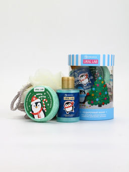 Подарочный набор новогодний в тубусе Пингвинята, бомбочка, гель, мочалка, URAL LAB