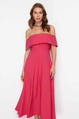 Fusya Carmen Yaka A-Kesim Dokuma S?k Midi Abiye Elbise TPRSS24EL00210