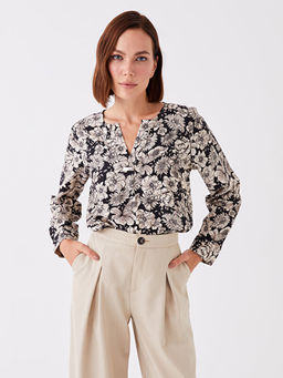 Ka??k Yaka ?i?ekli Uzun Kollu Kad?n Bluz