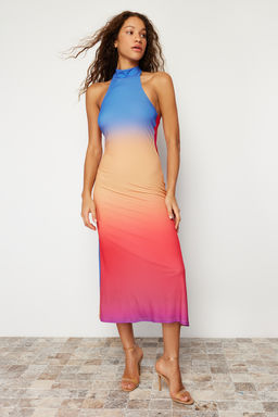 Cok Renkli Desenli Halter Yaka Vucuda Oturan Esnek Orme Midi Kalem Elbise TWOSS24EL00091 - Trendyolmilla фото 3