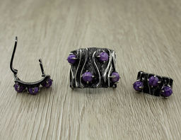 Комплект Чара-51, чароит, покрытие родий, размеры кольца: 17, 18, 19, 20 - Agat77 фото 3