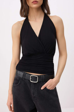 Siyah Fitted/Vucuda Oturan Boyundan Baglamal? Kolsuz Yumusak Orme Bluz TWOSS26BZ00624 - Trendyolmilla фото 3