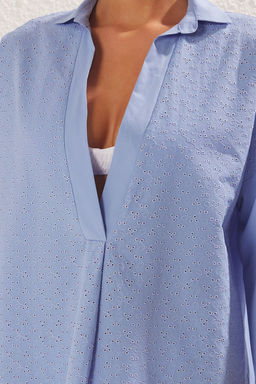 Trendyolmilla Mavi Mini Dokuma Gomlek Yaka Brode Plaj Elbisesi TBESS25EL00023 фото 4