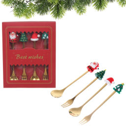 Набор для десерта "Дед Мороз и Ёлка" 4предмета (2ложки+2вилки) в подарочной коробке,золото