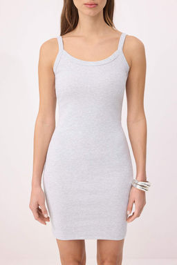 Gri Melanj Duz Bodycon Havuz Yaka Kal?n Ask?l? Mini Pamuklu Ribana Esnek Orme Elbise TWOSS26EL00567 - Trendyolmilla фото 3