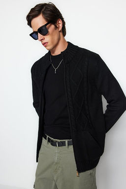 Siyah Slim Fit Y_nl_ _rg_ Detayl_ Fermuarl_ Cepli Triko H_rka TMNAW21HI0349