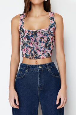 Trendyolmilla Cok Renkli Kare Yaka Slim Bask?l? Tul Orme Bluz TWOSS23BZ00454  фото 5