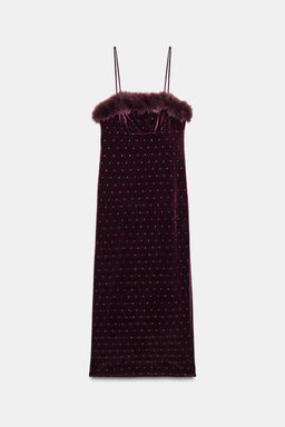 VELVET FAUX FUR BEADED MIDI DRESS - Zara фото 6