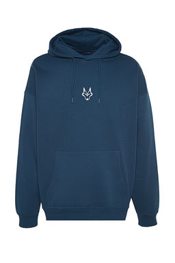 TRENDYOL MAN Indigo Regular/Normal Kesim Kapusonlu Ici Polar/S?cak Tutan Kurt Nak?sl? Sweatshirt TMNAW24SW00018 - Trendyolmilla фото 10