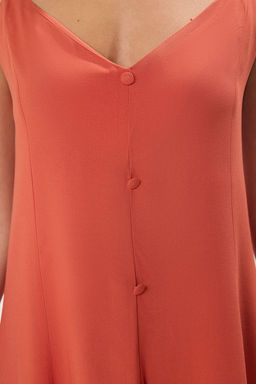 Kiremit Duz Kesim Dugmeli Mini Dokuma Elbise TWOSS25EL00292