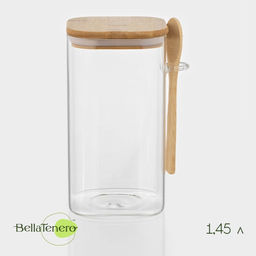 Банка для хранения сыпучих продуктов «Эко», 1.45 л, 10×19 см, с ложкой, с бамбуковой крышкой, стекло, прозрачная