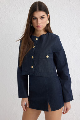 Lacivert Dugme Detayl? Crop Denim Ceket TWOSS25CE00011 - Trendyolmilla фото 2