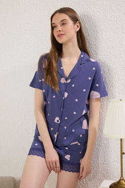 Mavi %100 Pamuklu Kalpli Dantel Detayl? Sortlu Orme Pijama Tak?m? THMSS25PT00302 - Trendyolmilla фото 2