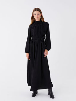 Dik Yaka D?z Uzun Kollu Elbise