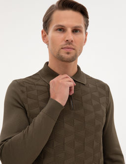 Koyu Haki Slim Fit Polo Yaka Fermuarl_ Triko Kazak - Pierre cardin фото 2