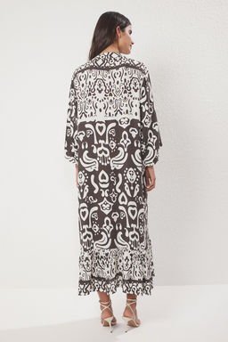 Kahverengi Midi Genis Kesim Bordur Desen Detayl? Dokuma Elbise TWOSS24EL01019