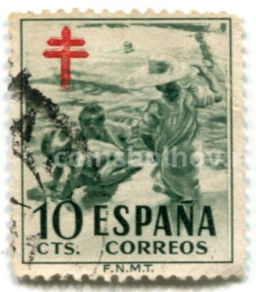 Марка Дети играют на пляже, Лотарингский крест почтовый сбор в противотуберкулезный фонд 1951 год Испания