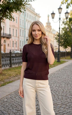 K13669 Футболка (вязаный трикотаж) КОРИЧНЕВЫЙ