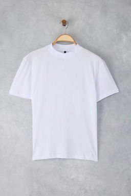 Beyaz-Beyaz 2li Paket %100 Pamuk Basic Dik Yaka Orme T-Shirt TWOSS20TS1500