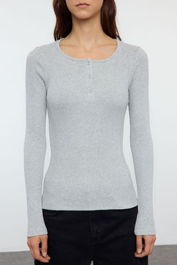 Gri Melanj C?tc?tl? Fitted/Vucuda Oturan Fitilli Esnek Orme Bluz TWOAW25BZ00080