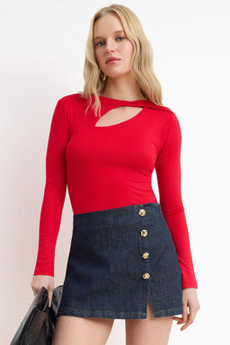 K?rm?z? Duz Fitted Bisiklet Yaka Standart Kol Uzun Premium Yumusak Orme Bluz TWOSS26BZ00247