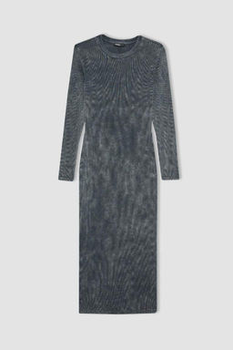 Крутое облегающее платье макси в рубчик с длинными рукавами и блестками - Defacto фото 8