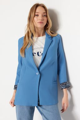 Koyu Mavi Regular Astar Detayl? Dokuma Blazer Ceket TWOAW20CE0316