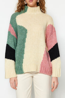 Bej Yumusak Dokulu Renk Bloklu Genis Kal?p Triko Kazak TWOAW20XS0047