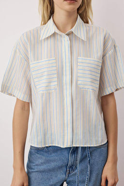 Ekru Yumusak Tuseli Cizgili K?sa Kollu Gomlek TWOAW26GO00076 - Trendyolmilla фото 4