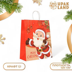Цена за 6 шт. Пакет бумажный подарочный новогодний крафт Дед Мороз, 33?26?12 см