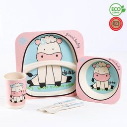 Набор детской посуды Коровка из бамбука, 5 предметов: тарелка, миска, стакан, столовые приборы