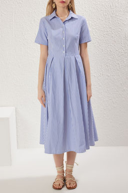 TRENDYOLMILLA Mavi Cizgili Etegi Belden Ac?lan Yar?m Patl? Midi Dokuma Elbise TWOSS25EL00187 фото 3
