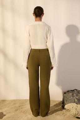 Haki %100 Keten Yuksek Bel Wide Leg Pantolon TWOSS24JE00246 - Trendyolmilla фото 4