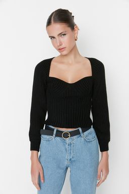 Siyah Crop Kalp Yaka Triko Kazak TWOAW22KZ1760