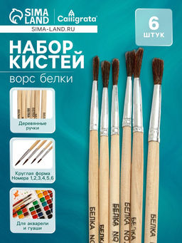 Кисти для рисования, белка, 6 штук: № 1, 2, 3, 4, 5, 6, Calligrata, круглые, деревянная ручка, международный размер