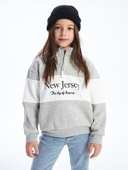 Dik Yaka Bask?l? Uzun Kollu K?z ?ocuk Sweatshirt