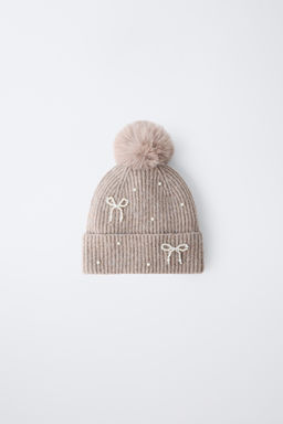 KNIT BEANIE WITH SHIMMER POMPOM AND WOOL