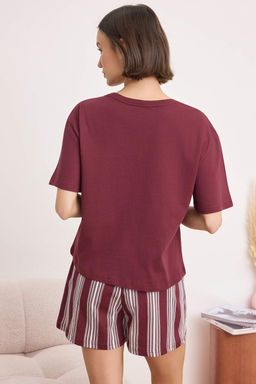 Bordo %100 Pamuklu Cizgili Orme Pijama Tak?m? THMSS26PT00167