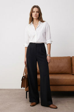 Siyah Wide Leg/Genis Paca Pilili Dokuma Kumas Pantolon TWOSS21PL0189