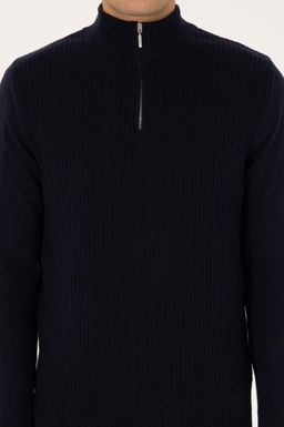 Erkek Slim Fit Yar_m Fermuarl_ Lacivert Kazak