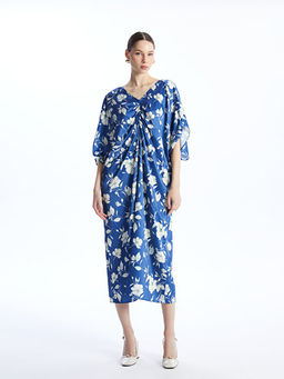 V Yaka ?i?ekli Oversize Saten Elbise