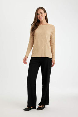 Женская футболка стандартного кроя с вырезом лодочка и запахом, длинными рукавами - Defacto фото 2