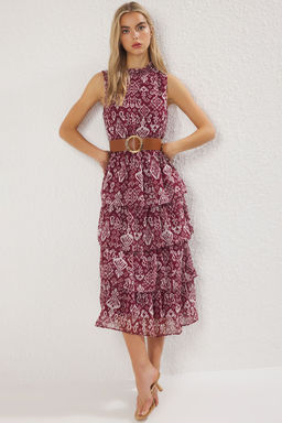 Trendyolmilla Bordo Kemerli Etnik Etegi Belden Ac?lan Maxi Dokuma Elbise TWOSS25EL00817