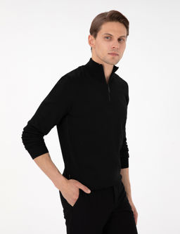 Siyah Slim Fit Fermuarl_ Dik Yaka Triko Kazak