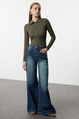 Haki Fermuar Yaka Detayl? C?tc?tl? Esnek Orme Body TWOAW24BD00005